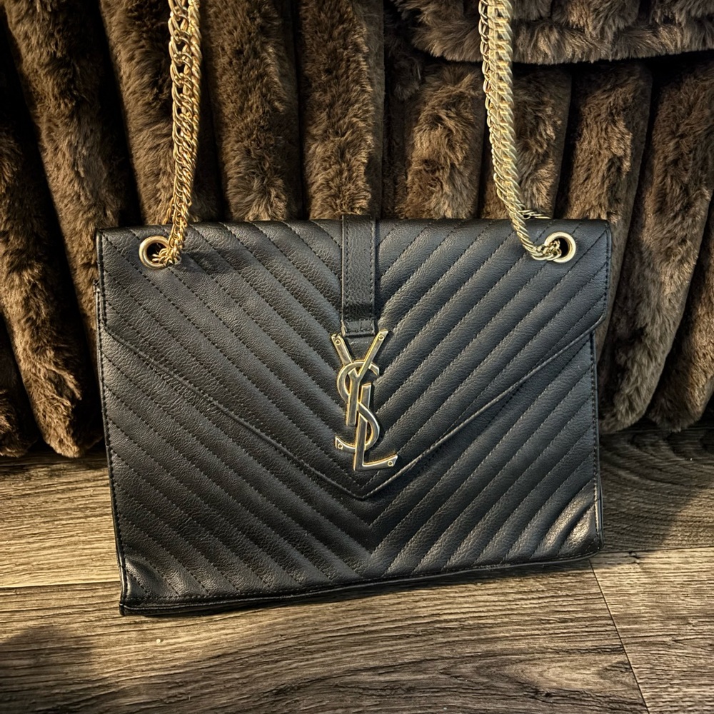Yves Saint Laurent Black Chevron Bag with Gold Chain